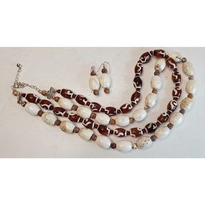 Brown Lampwork Glass & Howlite Beaded Double Strand 21" Necklace & 2' Earrings